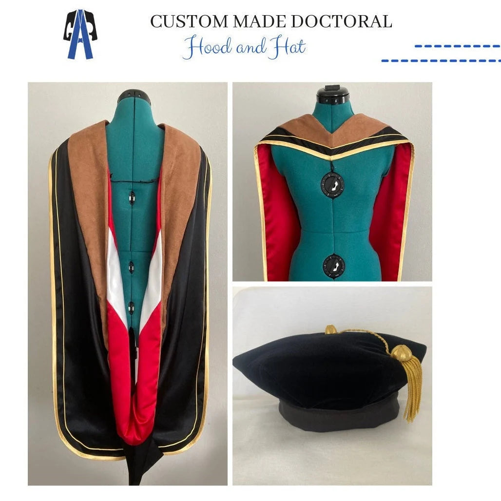 Custom PhD Graduation Hood and Tam - Personalized Doctoral Regalia,High-quality velvet construction with personalized details. Available in classic colors including black, navy, royal blue, and red.
