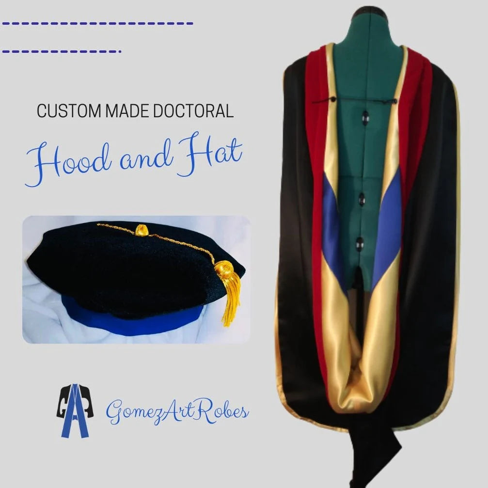 Custom PhD Graduation Hood and Tam - Personalized Doctoral Regalia,High-quality velvet construction with personalized details. Available in classic colors including black, navy, royal blue, and red.