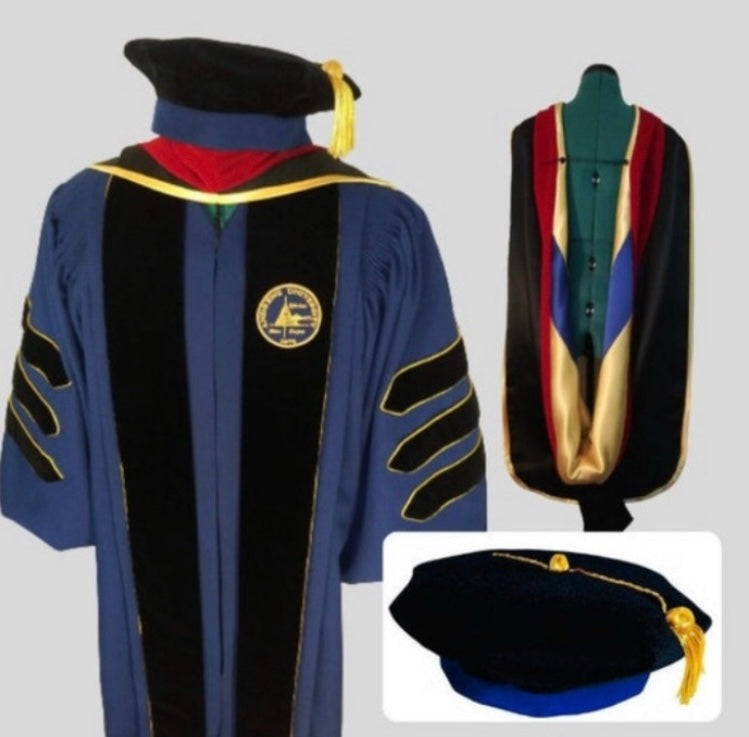Andrews University Doctoral Gown, Complete Luxury Set, Andrews University Doctoral Regalia, Elegance for your Graduation, Andrews University Hood, Gown and Cap, Deluxe Graduation Package, Andrews University doctoral gown in Admiral blue with gold trim.