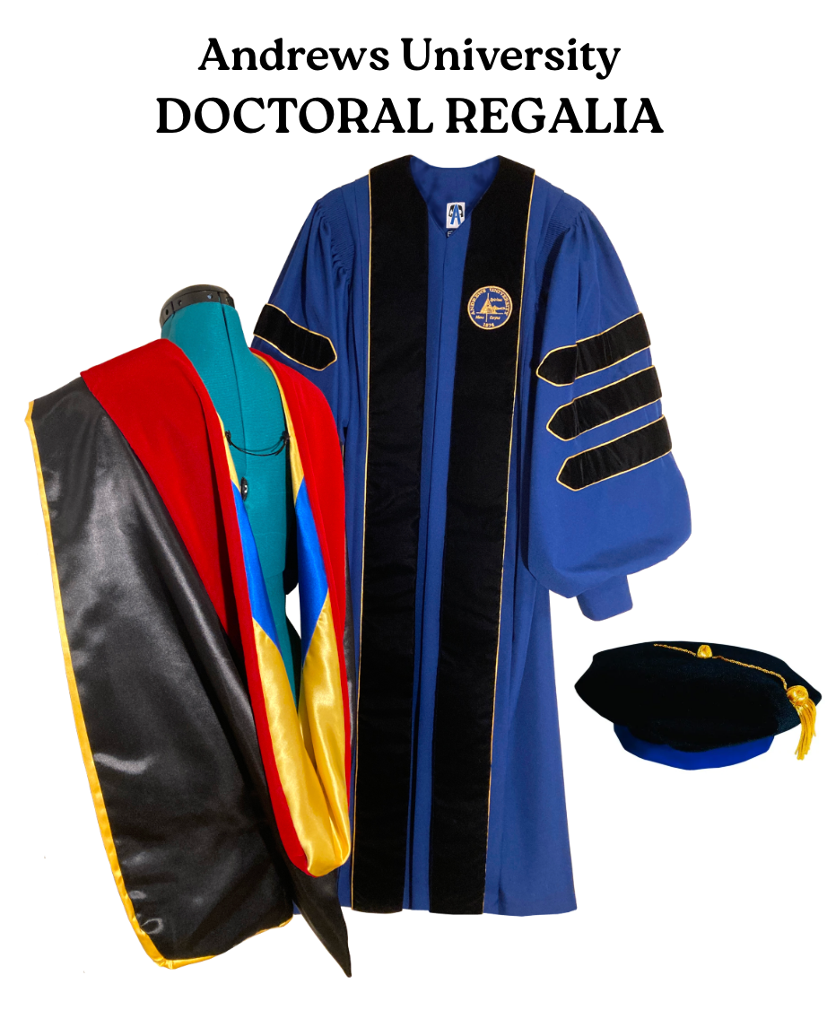 "Andrews University doctoral gown in Admiral blue with gold trim.".