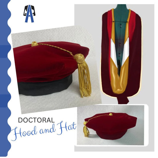 Custom PhD Graduation Hood and Tam - Personalized Doctoral Regalia,High-quality velvet construction with personalized details. Available in classic colors including black, navy, royal blue, and red.